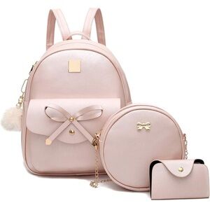 Girls pink Bowknot 3-Pieces Backpack ,Shoulder Bag, card case